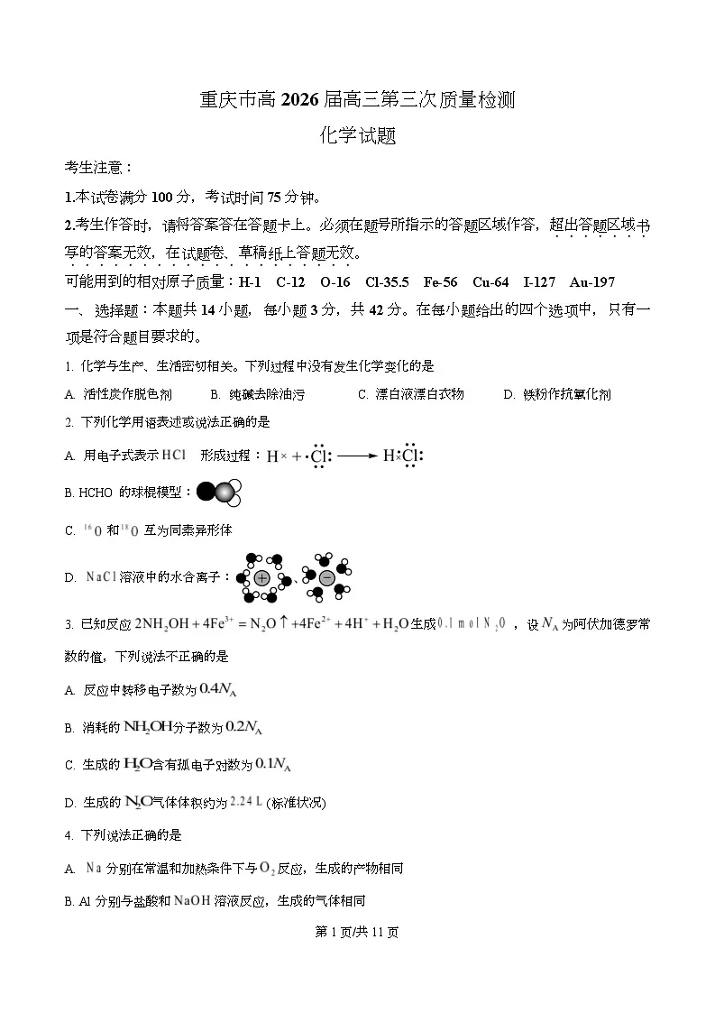 重庆市南开中学2026届高三上学期11月月考 化学试题（原卷版）第1页
