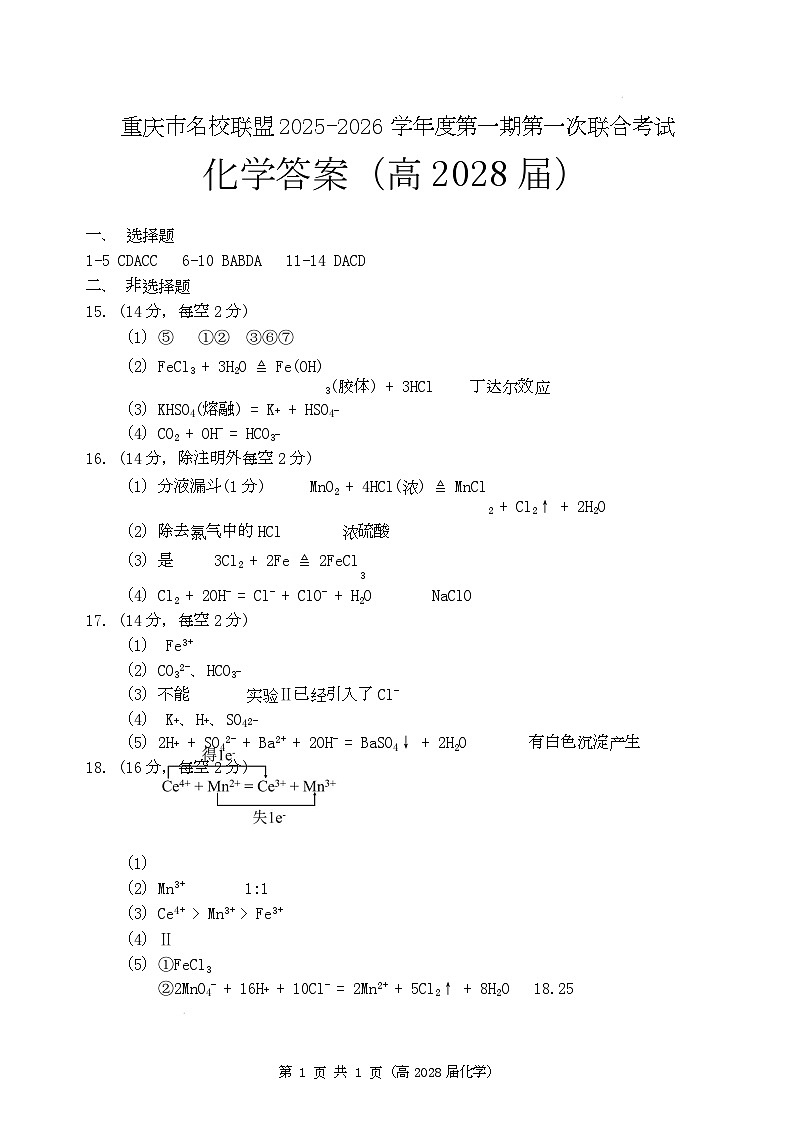 高2028届化学试卷 高一（高2028届）化学答案第1页
