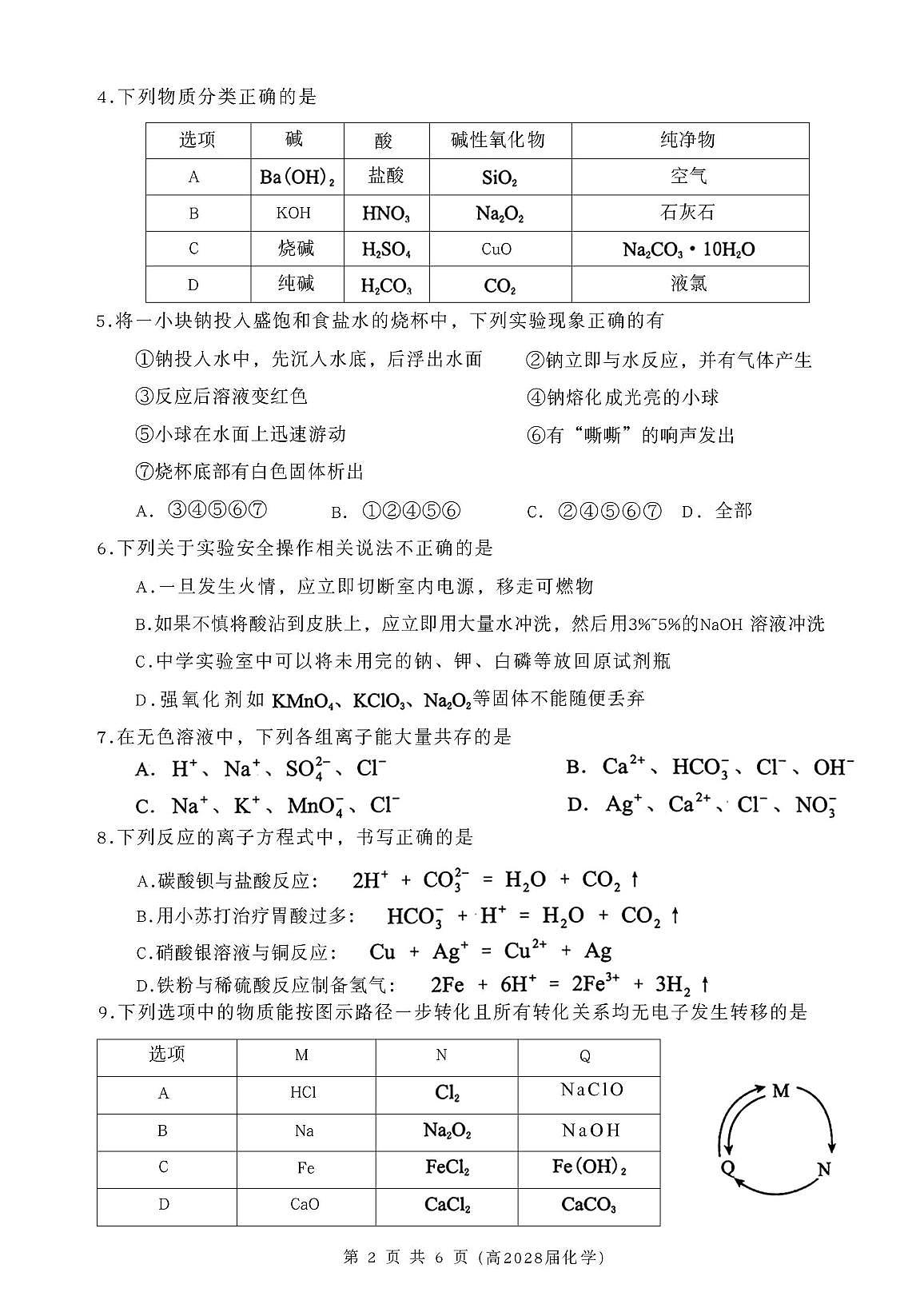 高2028届化学试卷 化学试卷(高2028届)第2页