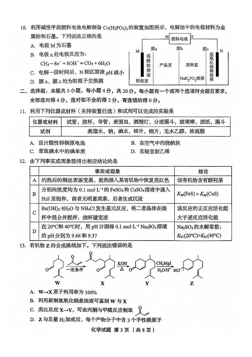 2025-2026学年山东省实验中学高三上学期12月化学试题无答案第3页