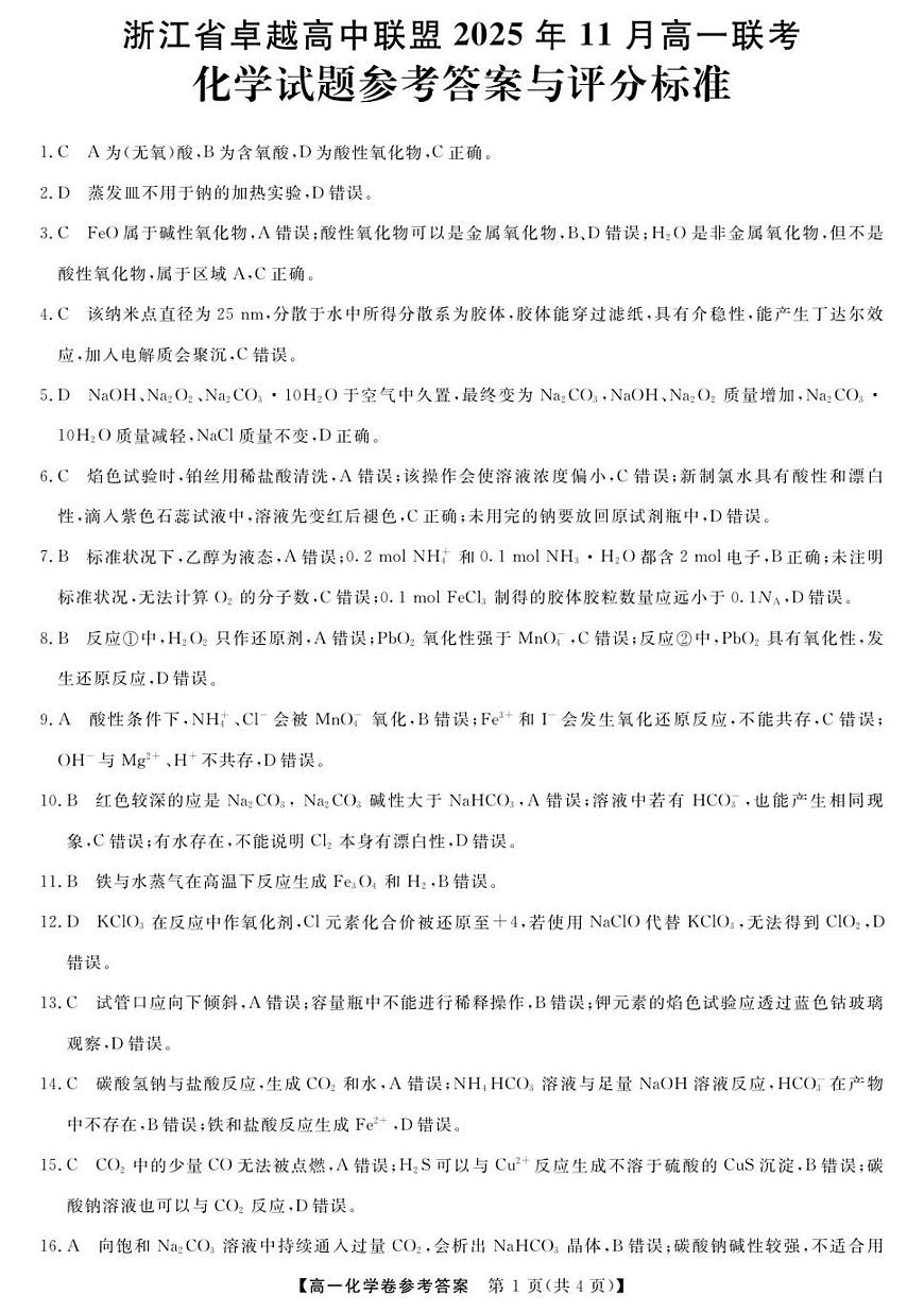 化学-浙江省卓越联盟高一11月份联考DA第1页