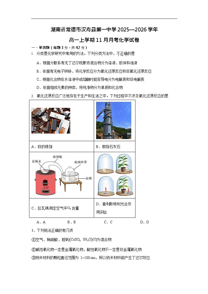 湖南省常德市汉寿县第一中学2025-2026学年高一上学期11月期中考试化学试卷第1页