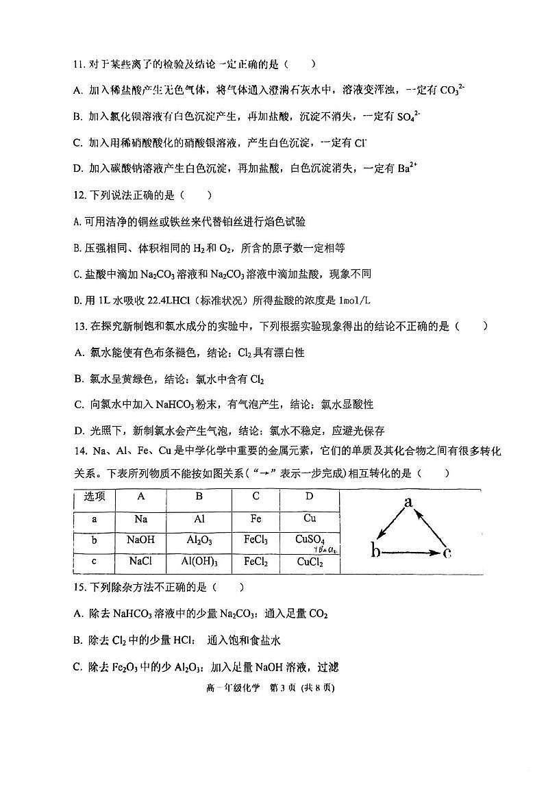 天津市滨海新区大港油田实验中学2025-2026学年高一上学期12月月考化学试题第3页