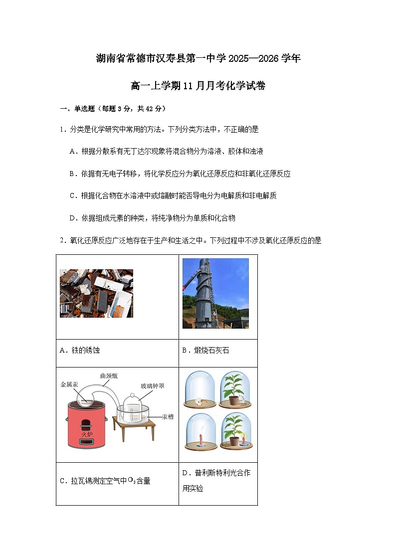 湖南省常德市汉寿县第一中学2025-2026学年高一上学期11月月考 化学试题（含答案）第1页