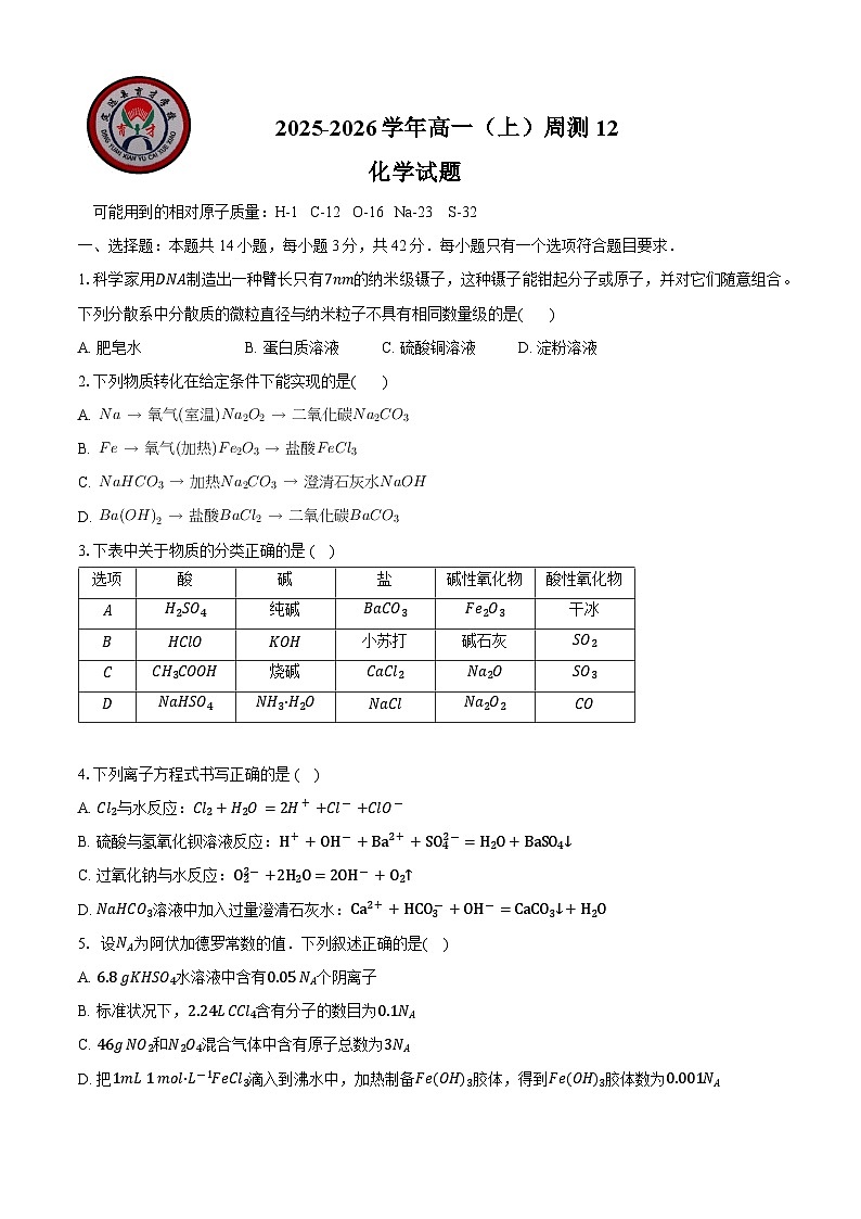 定远育才学校2025-2026学年高一（上）周测12化学试题第1页