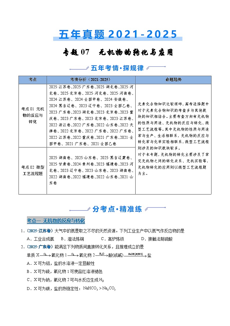 专题07 无机物的转化与应用（原卷版）第1页