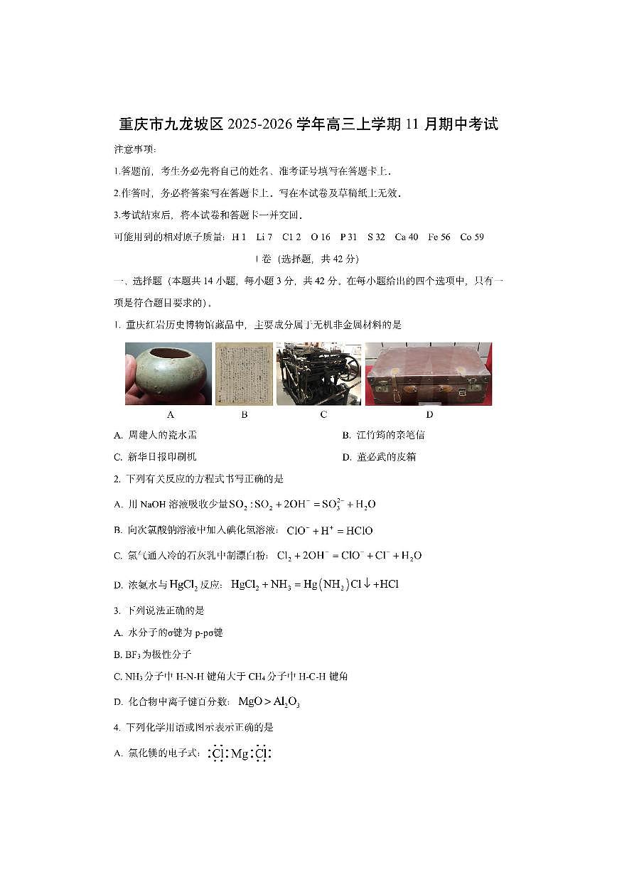 重庆市九龙坡区2025-2026学年高三上学期11月期中考试化学试卷（学生版）第1页