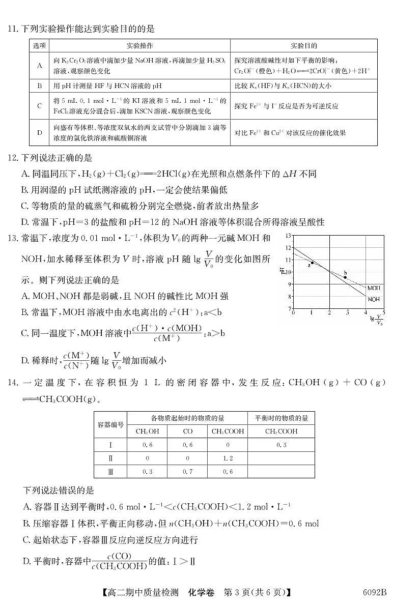 【化学】安徽省华师联盟2025~2026学年秋季学期高二期中质量检测（6092B）第3页