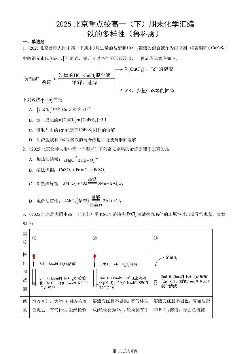 2025北京重点校高一（下）期末化学汇编：铁的多样性（鲁科版）第1页