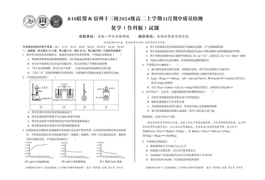 【化学】A10联盟＆宿州十三校2024级高二上学期11月期中质量检测化学（鲁科版）第1页
