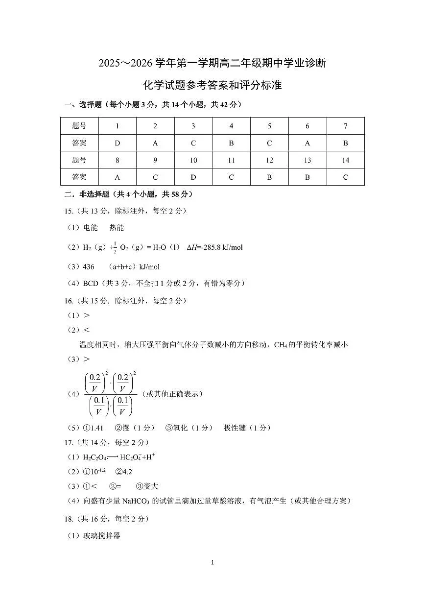 高二化学答案第1页