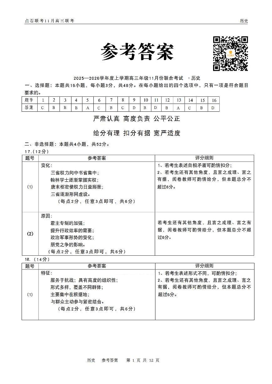 辽宁点石联考2025-2026学年高三上学期11月期中历史答案第1页