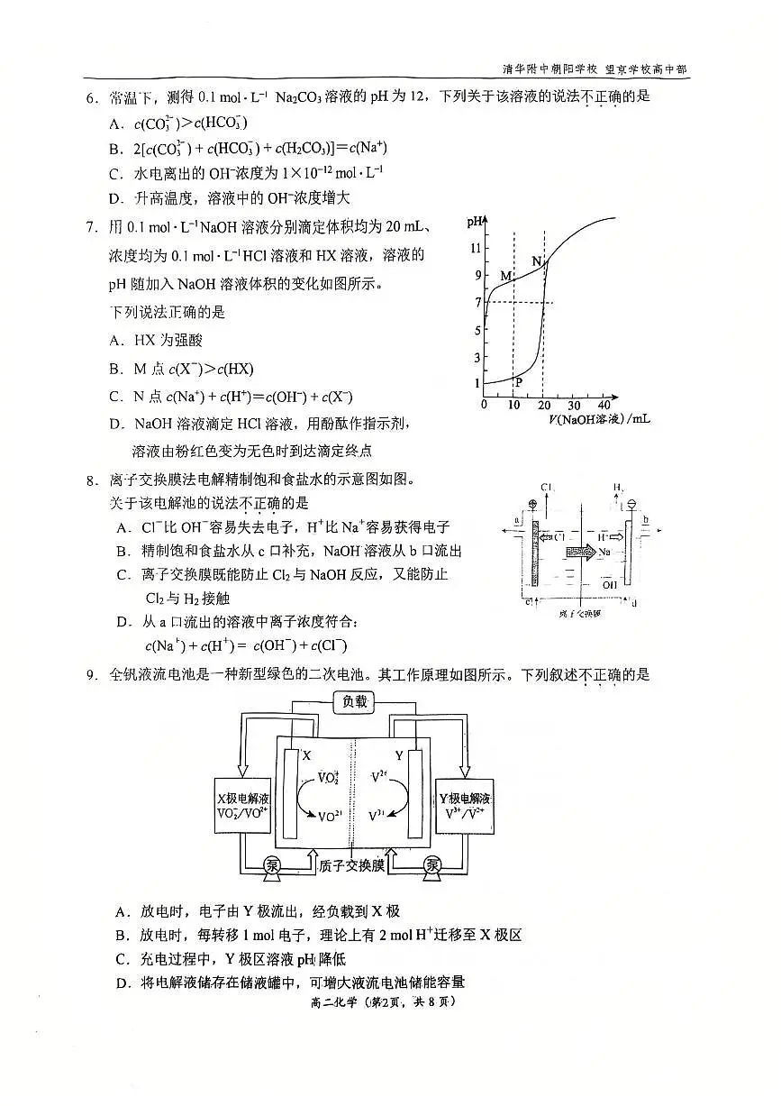 2025年北京清华附中朝阳学校高二上12月月考化学试卷第2页