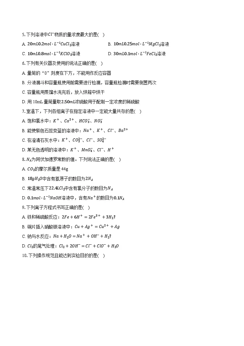 2025-2026学年山东省泰安市肥城市高一（上）期中化学试卷（含答案+解析）第2页