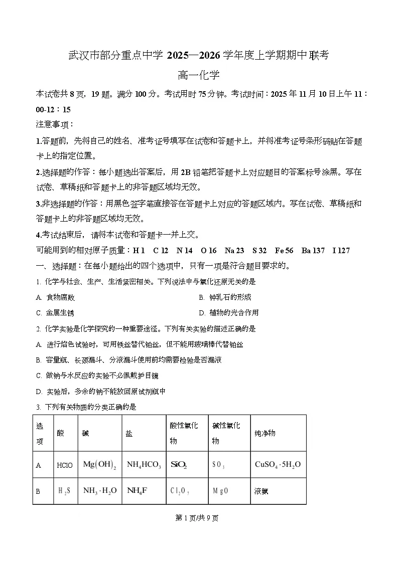 湖北省武汉市部分重点中学2025-2026学年高一上学期期中化学试卷（原卷版）第1页