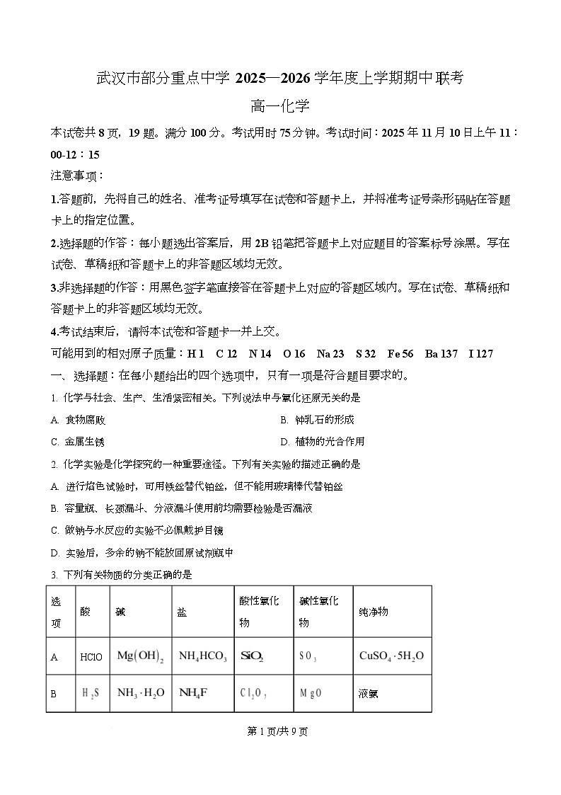 湖北省武汉市部分重点中学2025-2026学年高一上学期期中化学试卷（原卷版）第1页