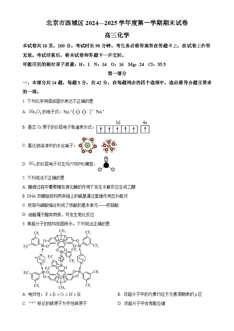 北京市西城区2025届高三上学期期末考试化学试卷（原卷版）-A4第1页