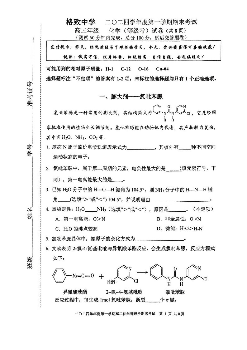 上海市格致中学2024-2025学年高二上学期 期末考试化学试卷第1页