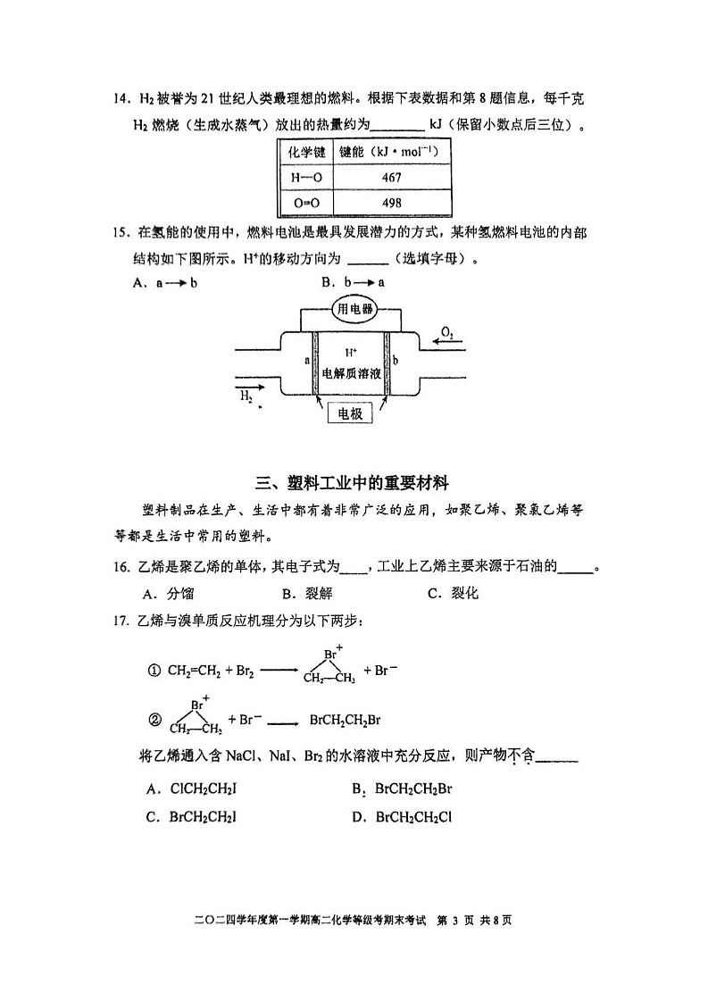 上海市格致中学2024-2025学年高二上学期 期末考试化学试卷第3页