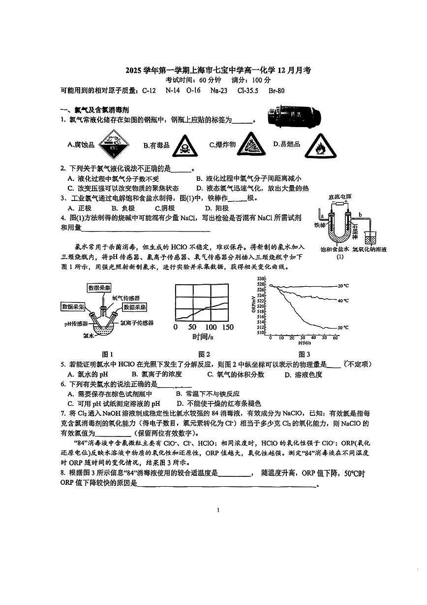 上海市七宝中学2025-2026学年高一上学期12月月考 化学试题第1页