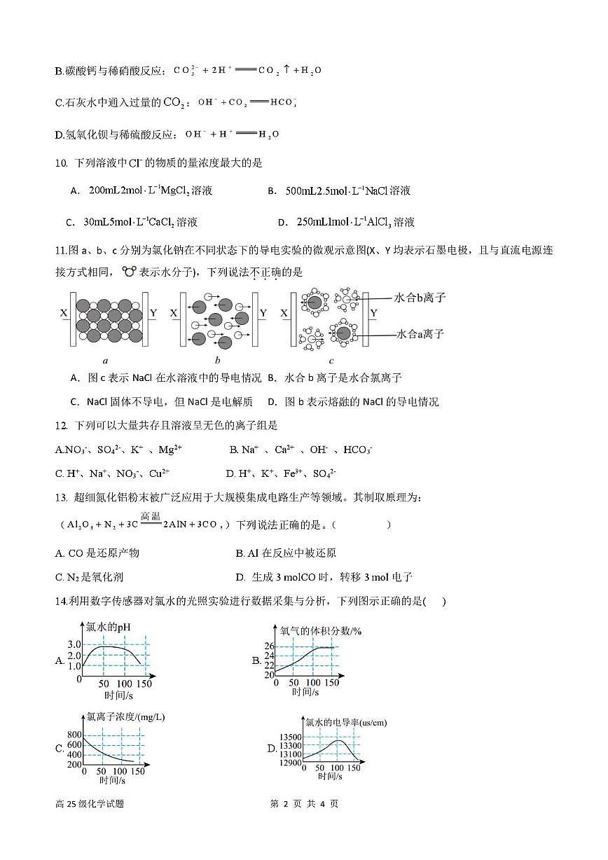 四川省广安市育才学校2025-2026学年高一上学期12月月考 化学试卷第2页