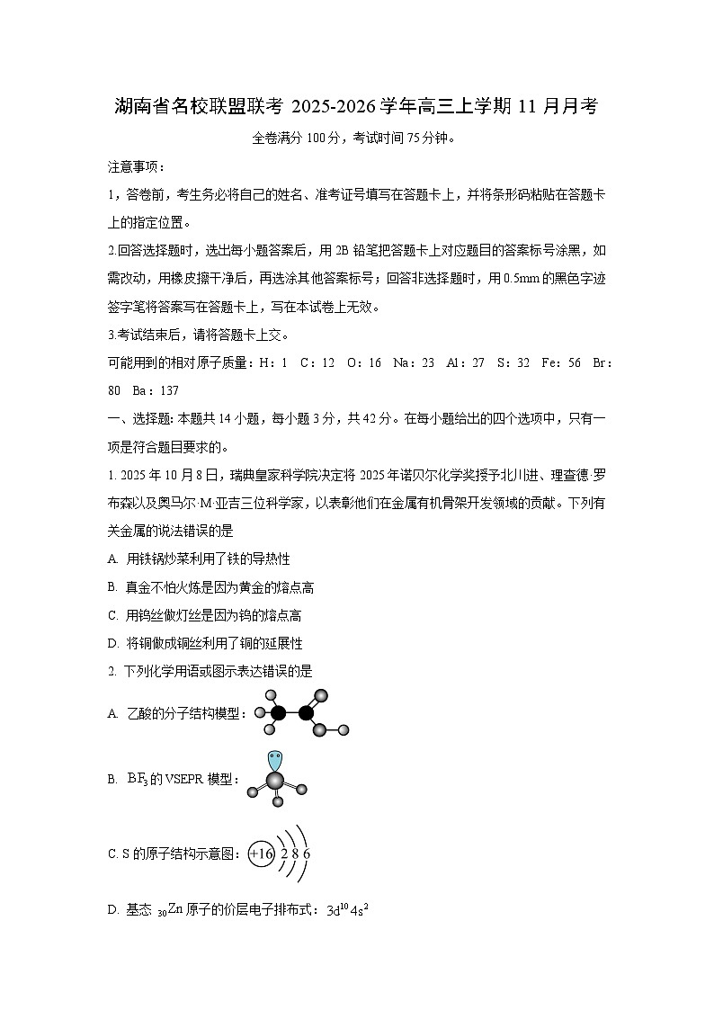 湖南省名校联盟联考2025-2026学年高三上学期11月月考化学试卷（学生版）第1页