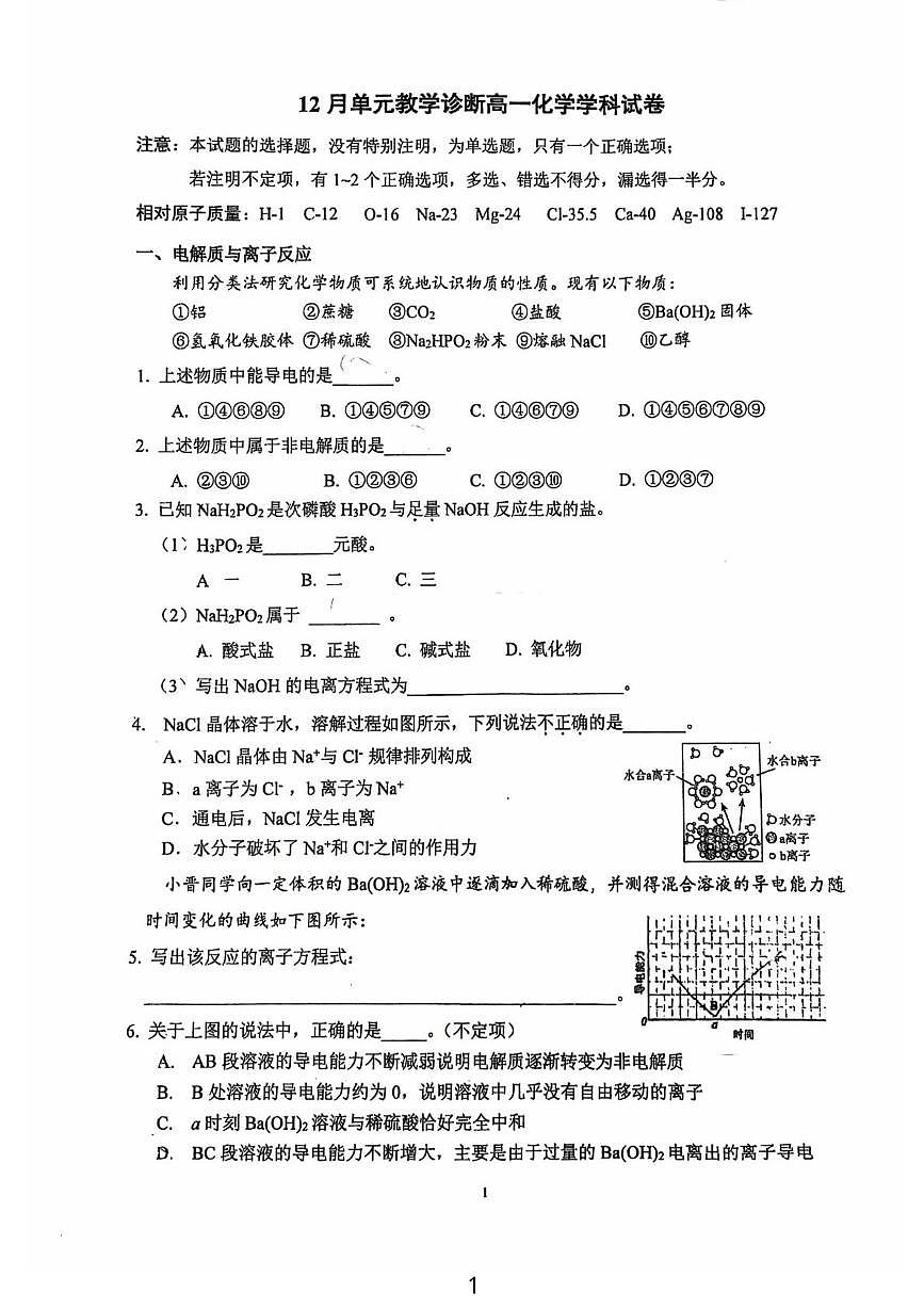 上海市晋元高级中学2025-2026学年高一上学期12月月考化学试题第1页