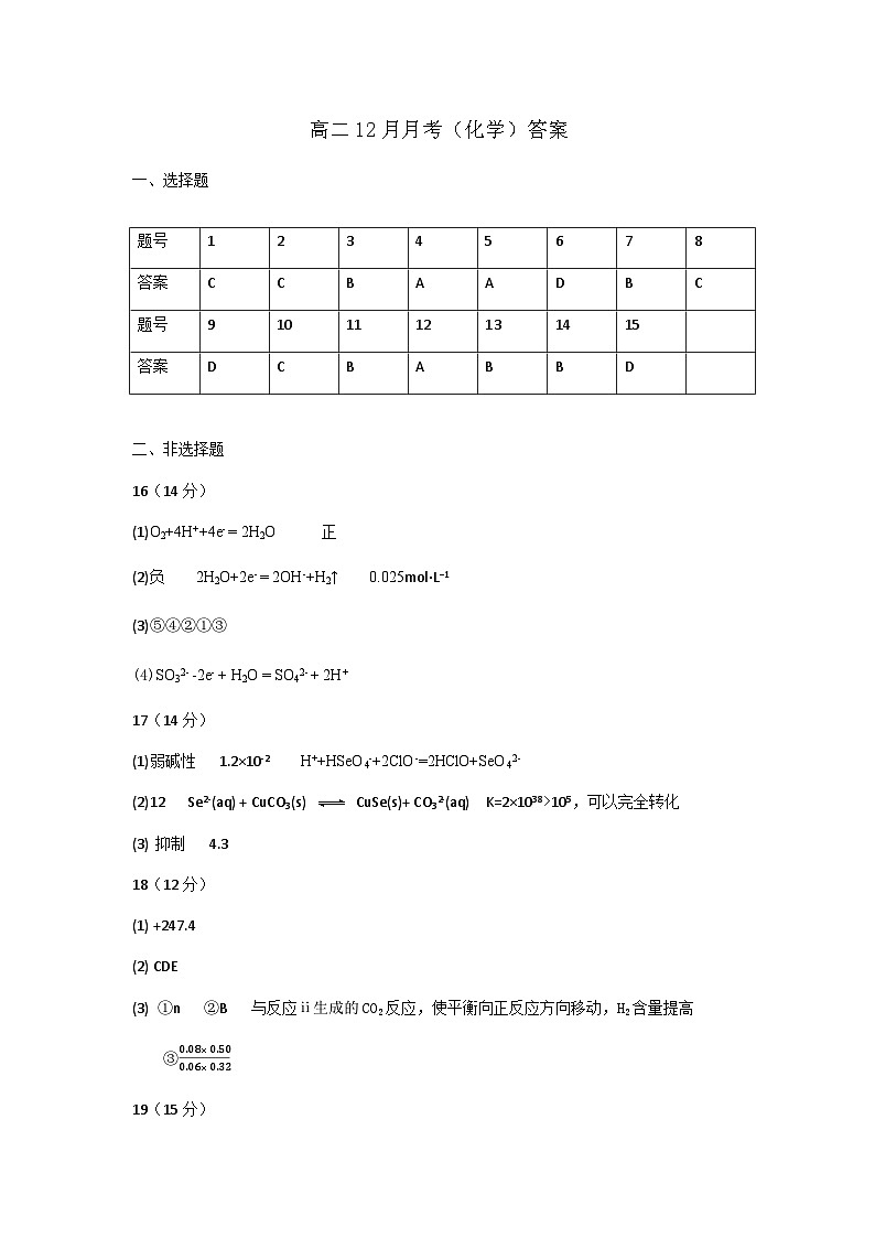 高二12月月考（化学）答案第1页