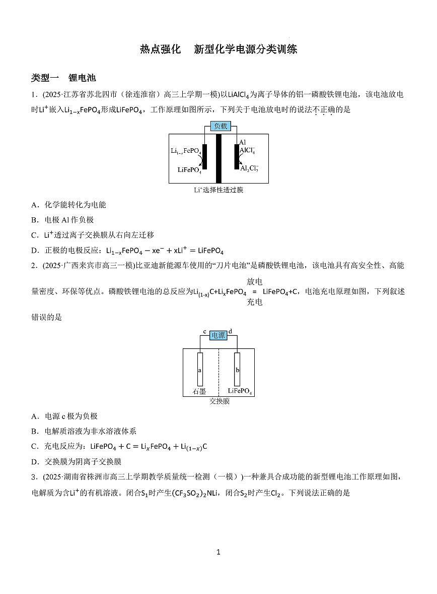 2026届高三化学备考一轮复习　热点强化　新型化学电源分类训练原卷第1页