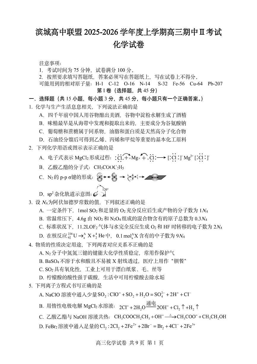 辽宁省大连市滨城高中联盟2026届高三上学期期中Ⅱ考试 化学试卷（PDF图片版）第1页