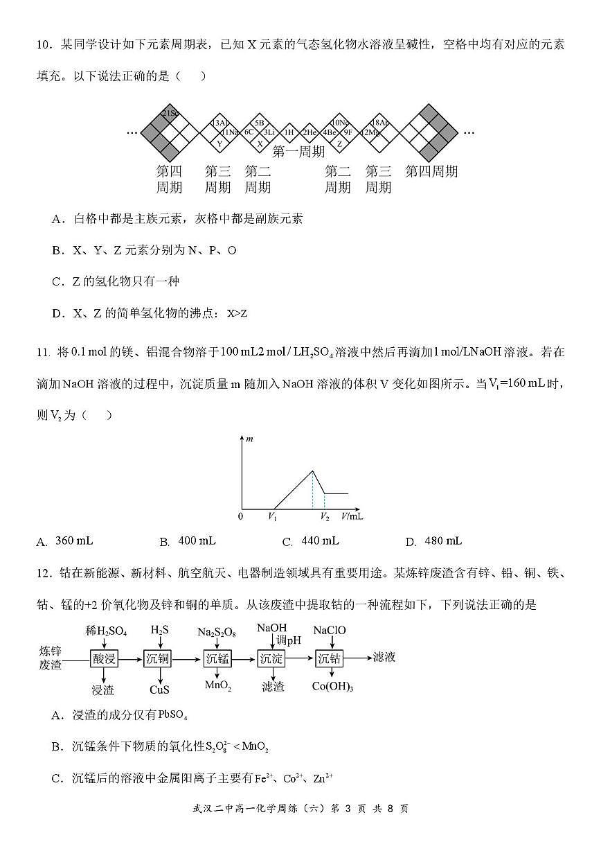 湖北省武汉市第二中学2025-2026学年高一上学期化学周练六B卷（月考）第3页