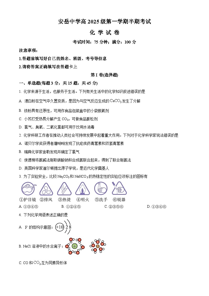 四川省资阳市安岳中学2025-2026学年高一上学期期中考试化学试题（原卷版）第1页