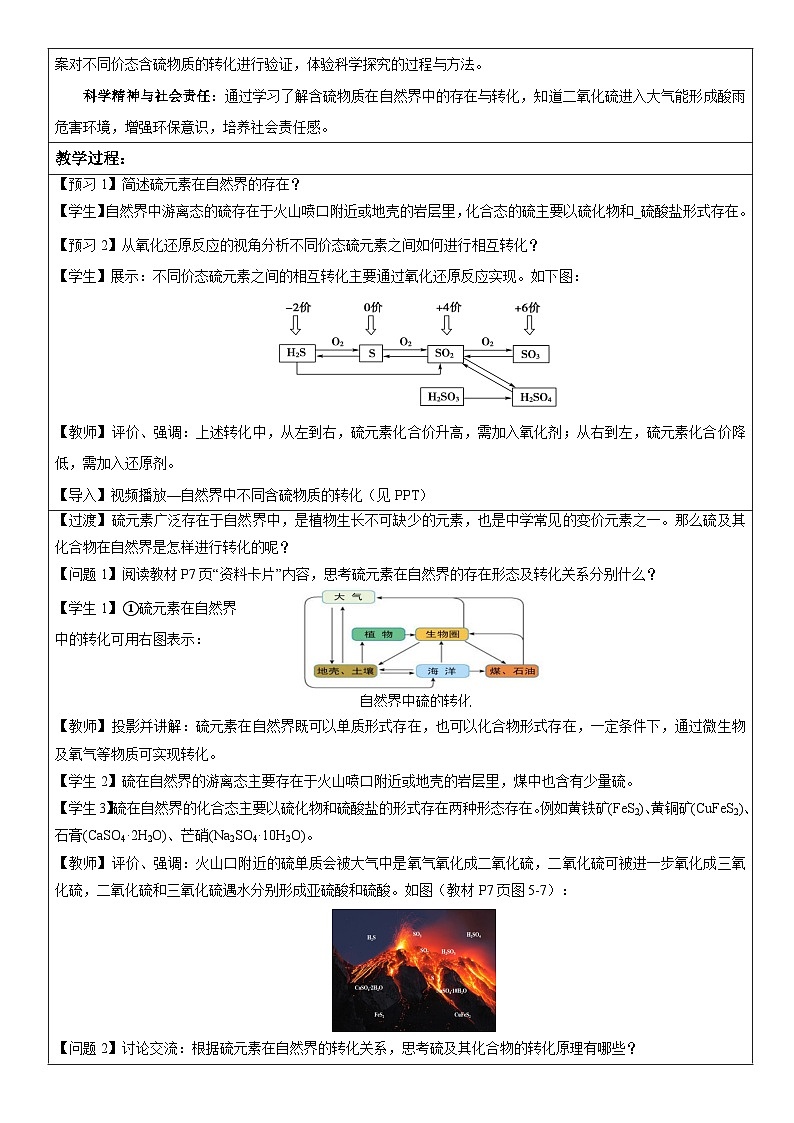 5.1.4 不同价态含硫物质的转化（表格式教学设计）-高中化学人教版（2019）必修二第2页