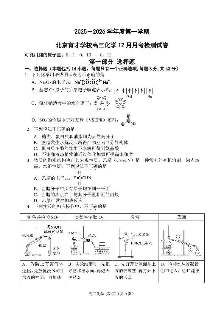 2025北京育才学校高三上12月月考化学试卷第1页