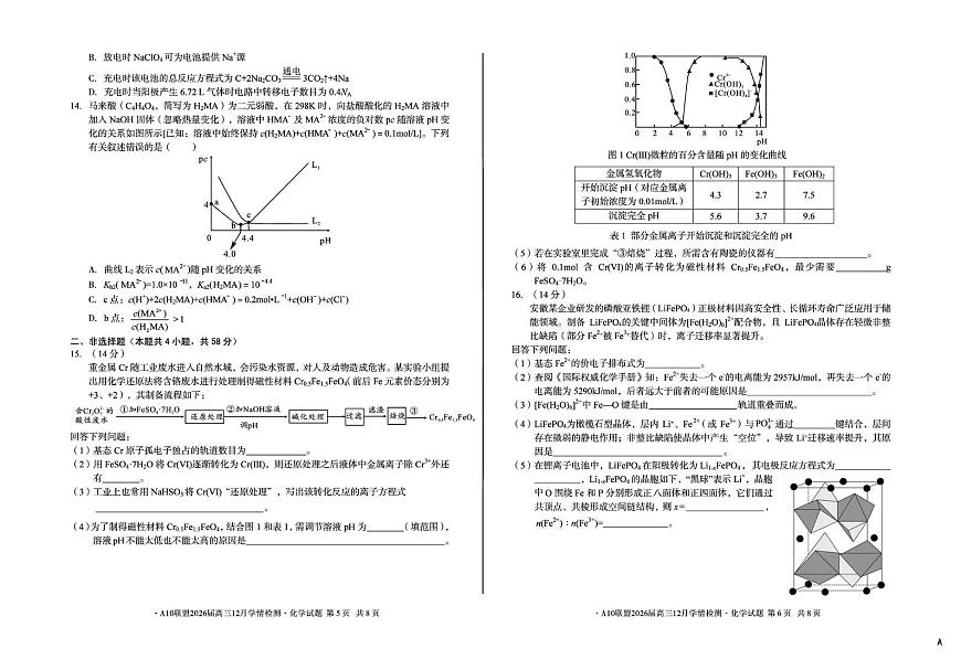 1号卷·A10联盟2026届高三12月学情检测化学（含答案）第3页
