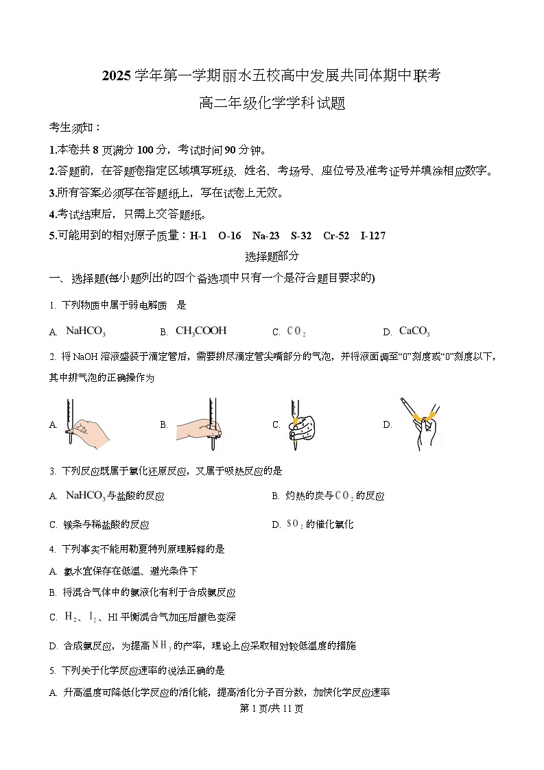 浙江省丽水发展共同体2025-2026学年高二上学期11月期中考试化学试题（原卷版）第1页