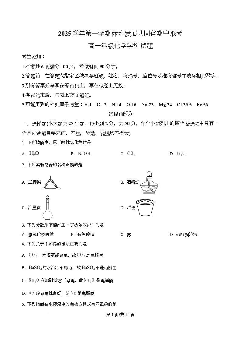 浙江省丽水发展共同体2025-2026学年高一上学期11月期中考试化学试题（原卷版）第1页