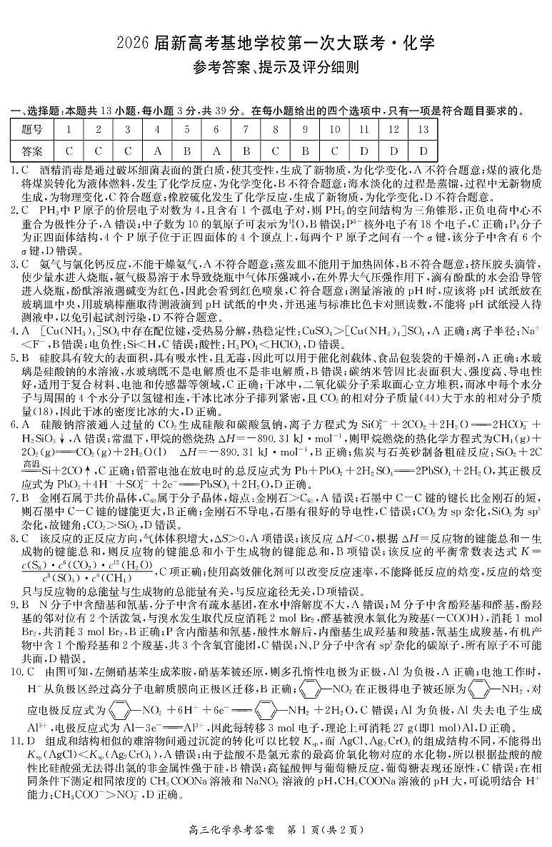 江苏省基地学校2026届高三上学期大联考化学答案第1页