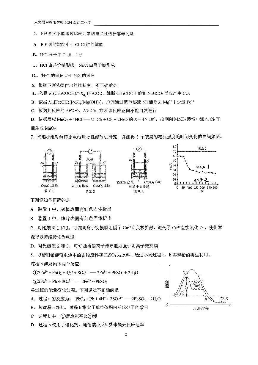 2025北京人大附中朝阳学校高二（上）统练三化学试卷第2页
