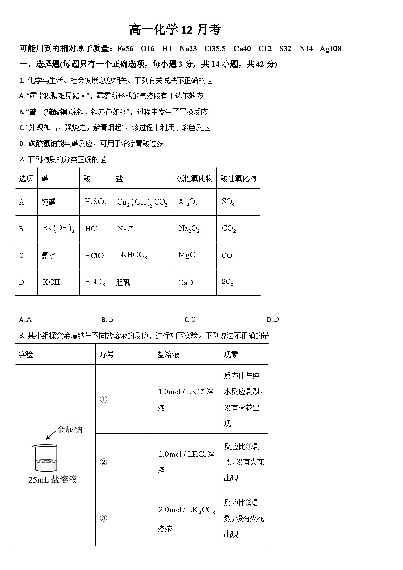 吉林省通化市梅河口市第五中学2025-2026学年高一上学期12月月考化学试题（含答案）第1页