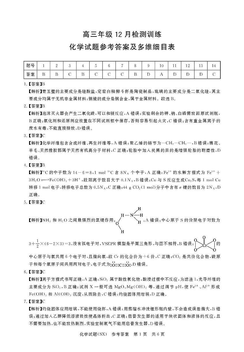 2026届山西T8联考高三上学期一模化学试卷答案第1页