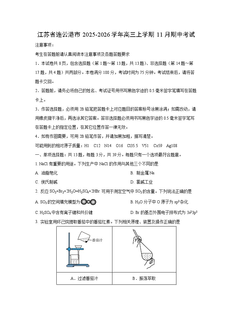 江苏省连云港市2025-2026学年高三上学期11月期中考试化学试卷（学生版）第1页