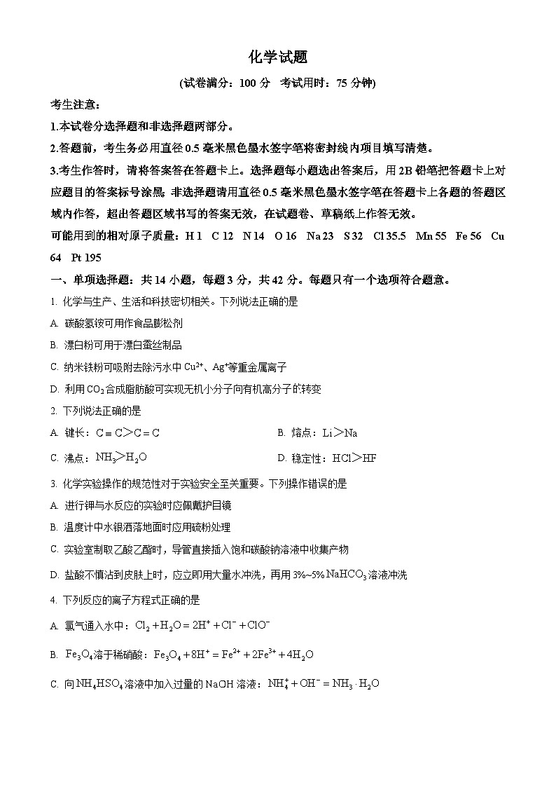 精品解析：江西省九校2025-2026学年高三上学期11月期中联考 化学试题（原卷版）第1页