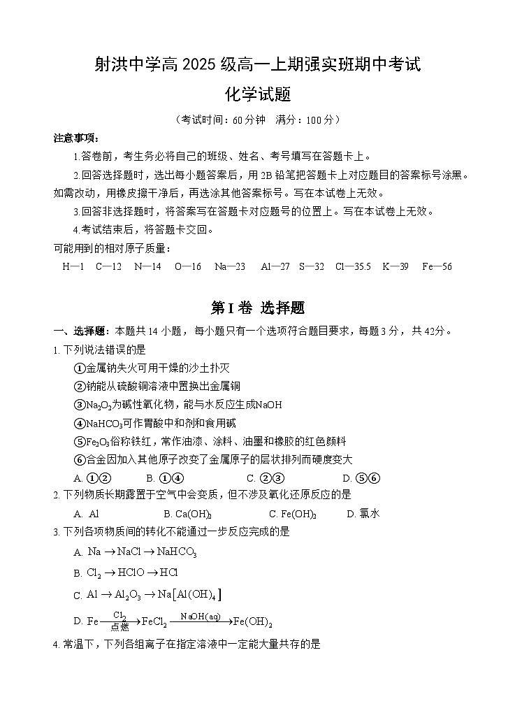 四川省射洪中学校2025-2026学年高一上学期12月期中化学试题第1页