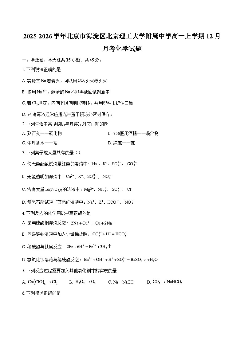 2025-2026学年北京市海淀区北京理工大学附属中学高一上学期12月月考化学试题-自定义类型第1页