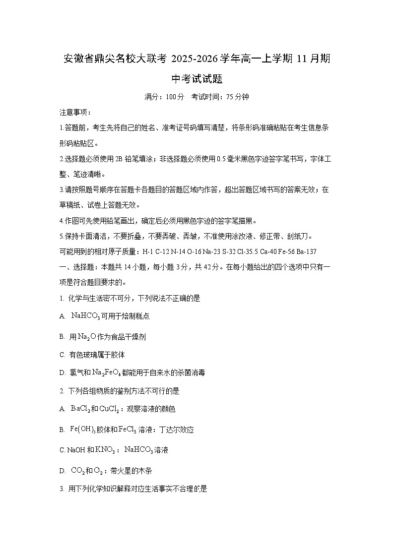 2025-2026学年安徽省鼎尖名校大联考高一上学期11月期中考试化学试卷（学生版）第1页