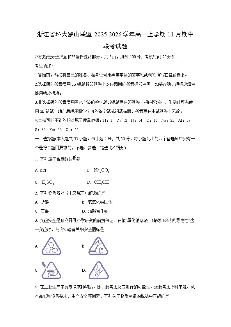 2025-2026学年浙江省环大罗山联盟高一上学期11月期中联考化学试卷（学生版）第1页