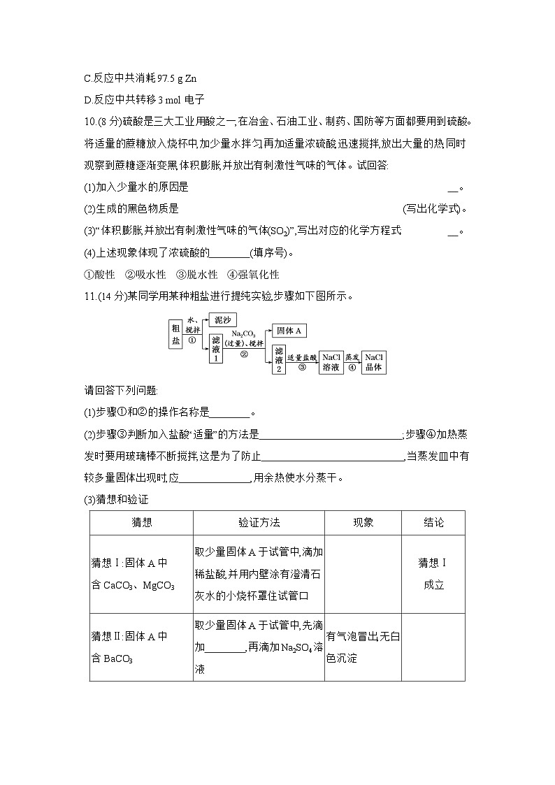 高一化学（人教版必修二）试题课时跟踪检测5.1.2硫酸、硫酸根离子的检验（Word版附解析）第3页