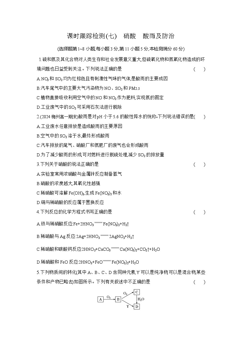 高一化学（人教版必修二）试题课时跟踪检测5.2.4硝酸酸雨及防治（Word版附解析）第1页
