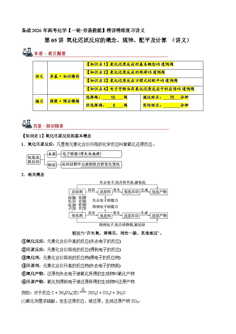 氧化还原反应的概念、规律、配平及计算（讲义+练习、原卷版）-备战2026年高考化学一轮精讲精练复习讲义第1页